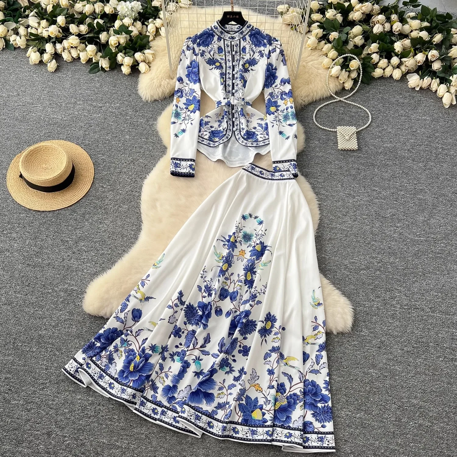 Greenora Fashion Print Irregular Top Skirt Suits Women Long Sleeve Gorgeous Flower Belt Blouses High Waisted Pleated Skirts Set
