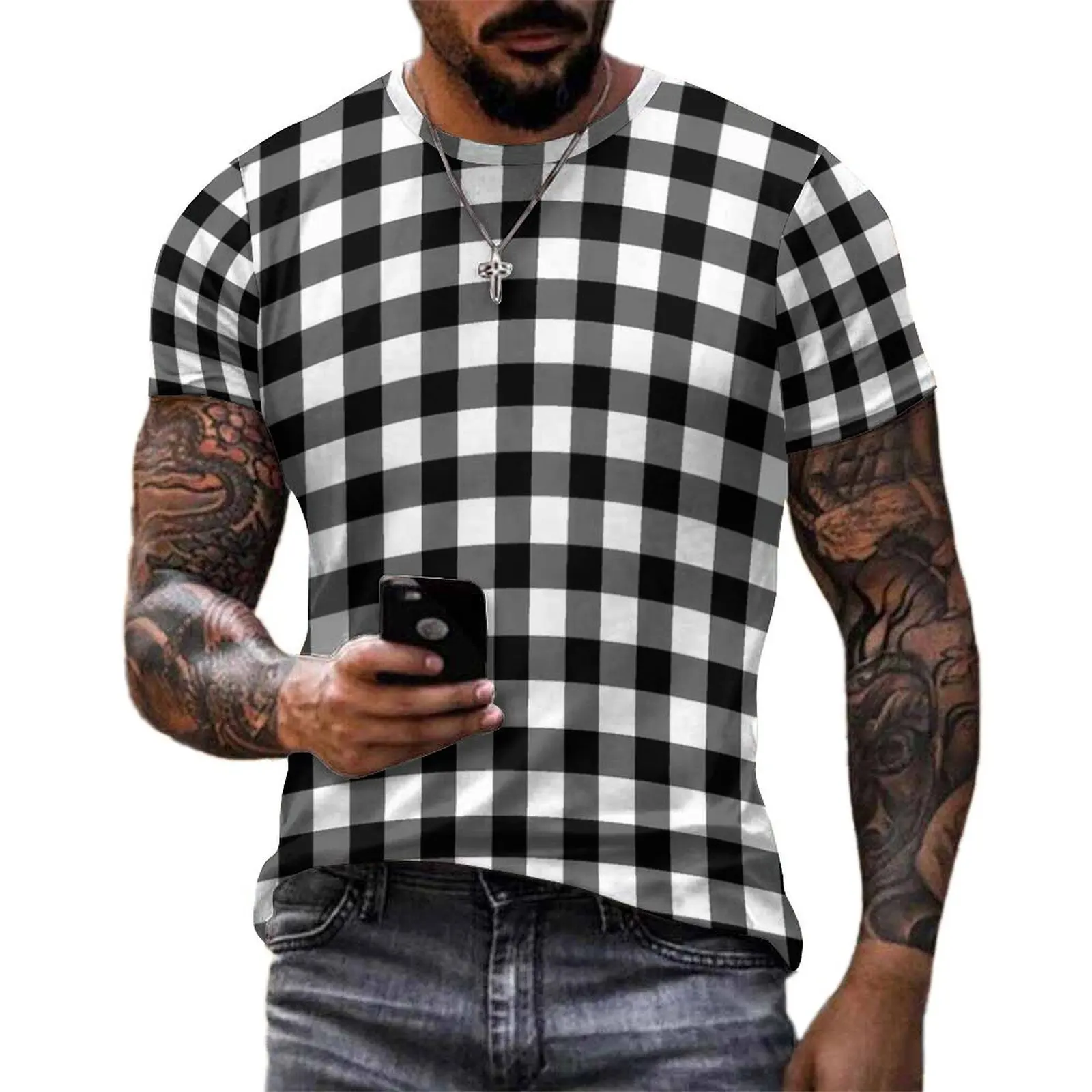 Retro Check Print T Shirt For Men Black And White Graphic O Neck T Shirts Summer Trendy Tops Short-Sleeve Y2K Big Size Tee Shirt