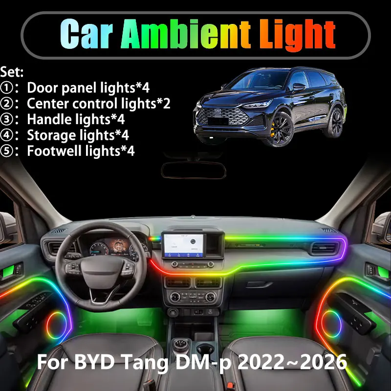 

Для BYD Tang DM-p 2022 ~ 2026 2023 2024 SUV 2/18 в 1 Автомобильное окружающее освещение Светодиодные внутренние светодиодные фонари багажника USB RGB Ensemble Streamer