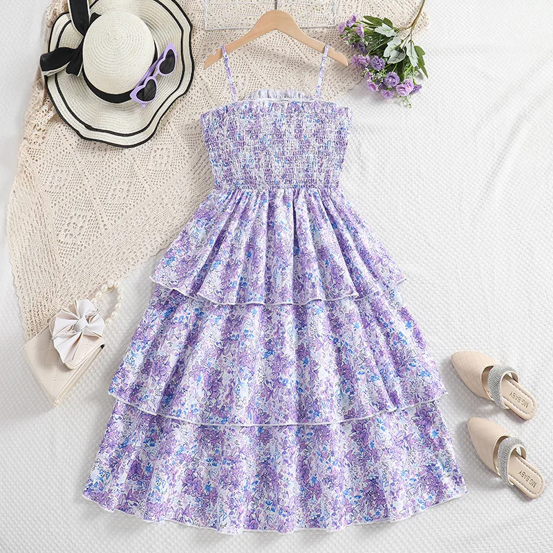 2024 Summer New Arrival Girls Sleeveless Ruched Ruffles Print Floral Purple Designer Cute Party Princess Dress Custume 4-7T