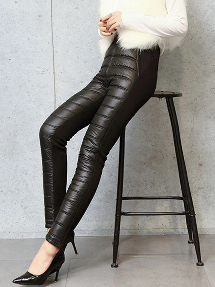 Down Cotton Pencil Pants Warm Plush Velvet Lined Casual Winter Thicken Slim Pantalone Women High Waist Ankle-length Trousers