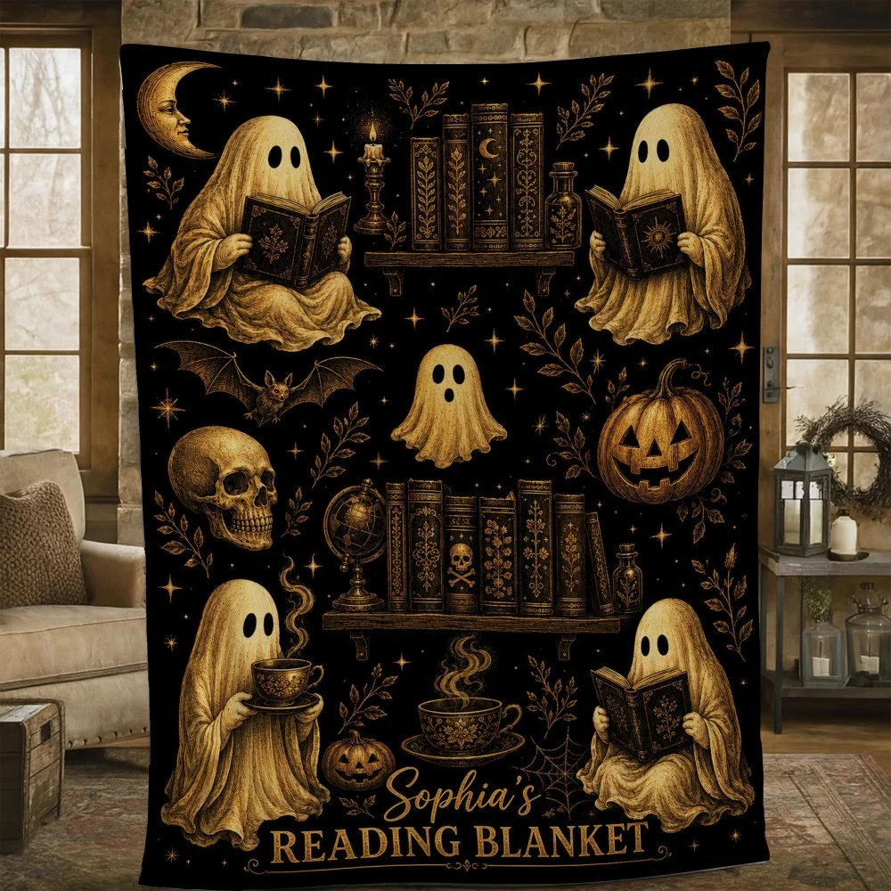 Custom Name Halloween Throw Blanket Fleece Vintage Reading Ghost Book Skull Pumpkin Bat Moon Dark Background Sofa Bed Blanket