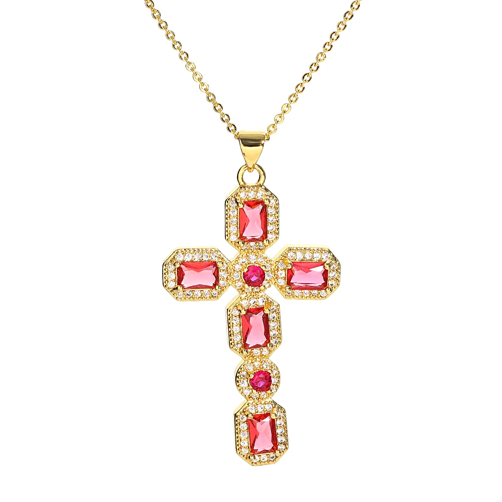 

DODOHAO Crystal Cross Pendant Necklaces Religious Zircon Pendant Necklaces Copper Gold Plated Fashion Jewelry Stainess Chain