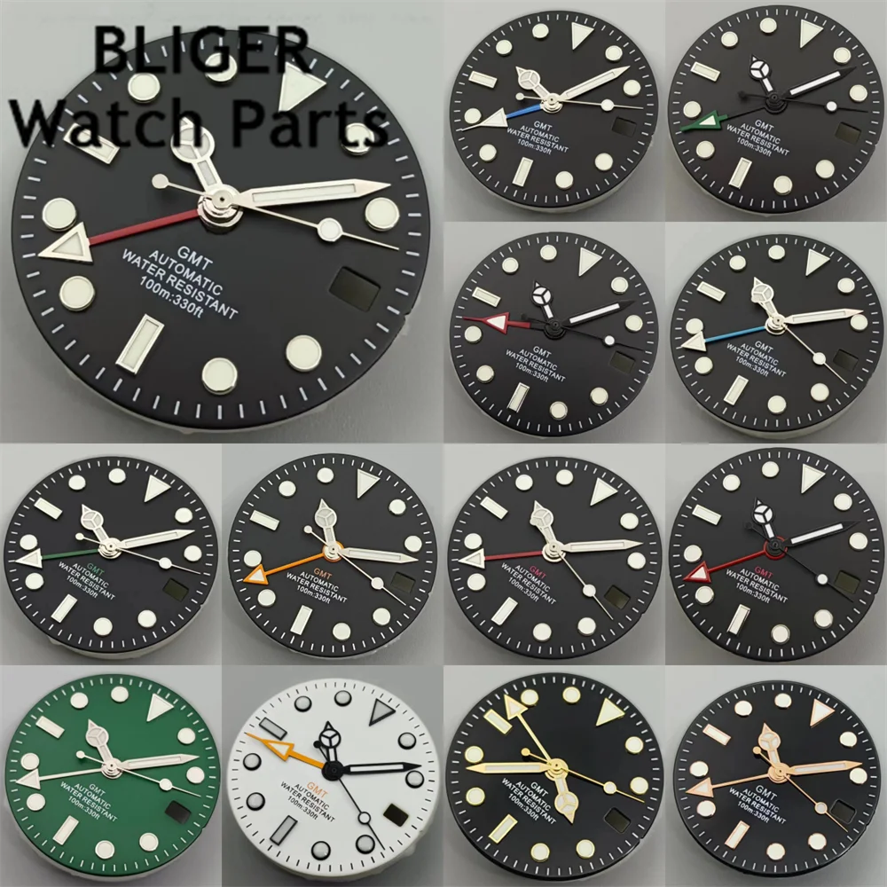 BLIGER 29mm GMT Watch Dial Black White Green Dial With Hand Set Orange Red Green GMT Text C3 Green Luminous Fit NH34 Movement