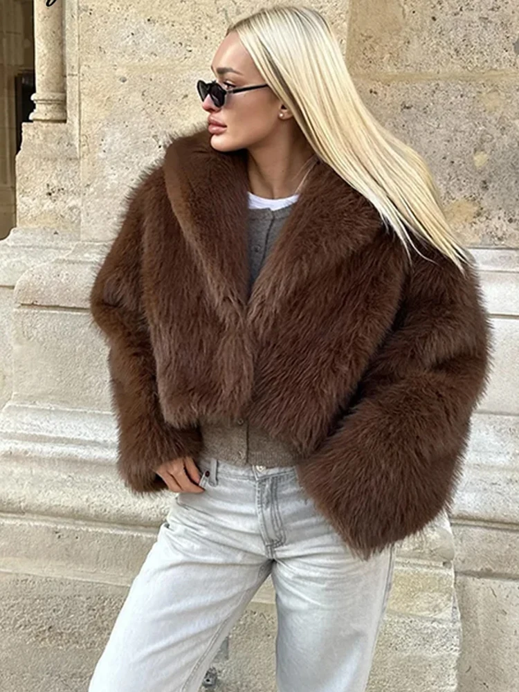 Women Brown Short Faux Fur Coat Fashion Lapel Long Sleeve Fluffy Loose Cropped Jacket Female Winter Daily Warm Street Outerwear