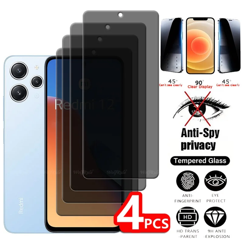 Protecteur d'écran de confidentialité pour Xiaomi Redmi 12, verre du Guatemala, 9H, anti-espion, couverture, colle, 4G, 6.79 ", 4 pièces