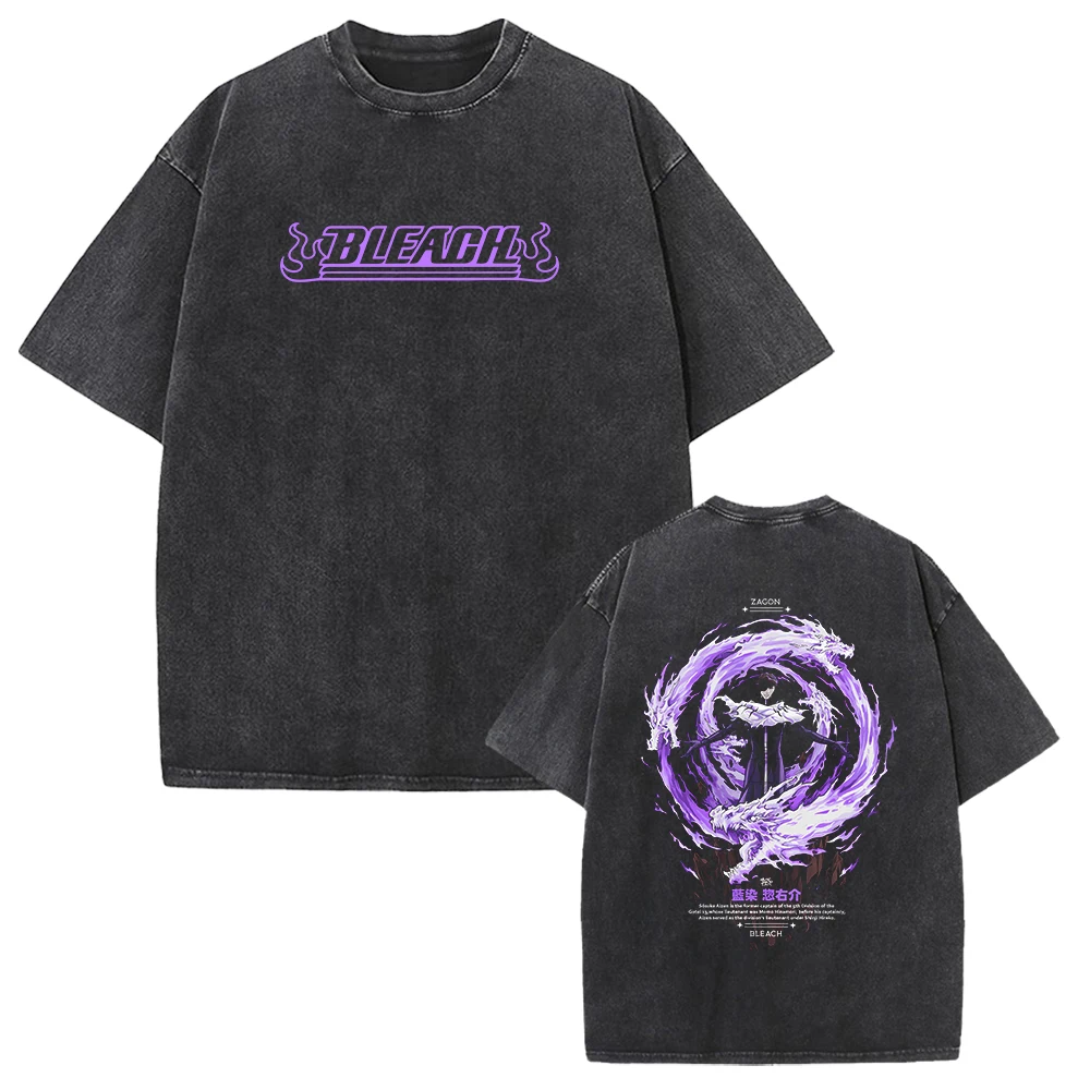 BLEACH Aizen Sousuke Graphic T-shirt for Men Women Clothing Vintage Washed Oversized T Shirt Summer Short Sleeve Cotton Tees