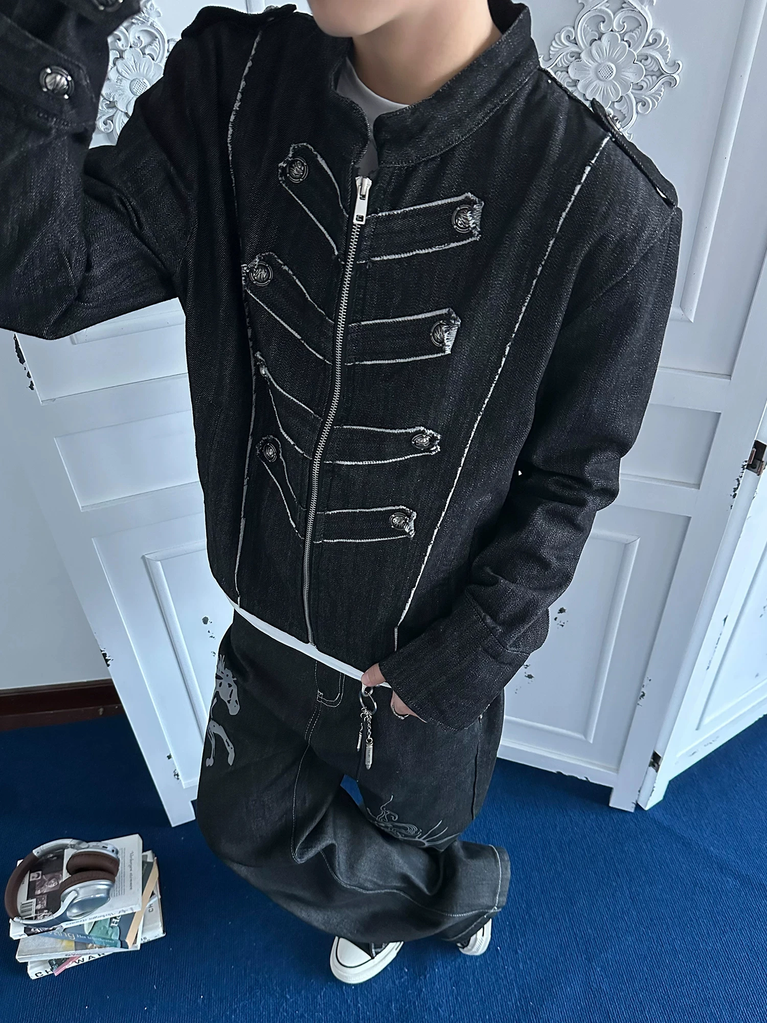 Light Napoleon Double Row Button Court Style Short Jeans Jacket Men Spring Autumn Design Deconstructed Shoulder Clip Jacket