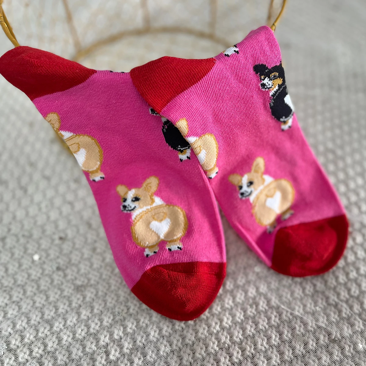 1 Pair Cartoon Cute Dog Corgi Print Fashion Unisex Mid Tube Socks Suit In All Seasons For Daily Street Sports