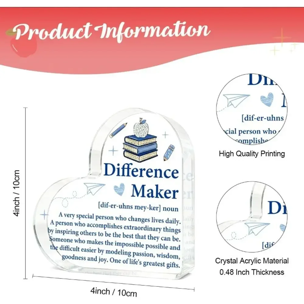 Heart Acrylic Plaque Difference Maker Teacher Appreciation Desktop Gift,Book Apple Pencil Design Clear Acrylic Heart Thank You Teacher Ornament