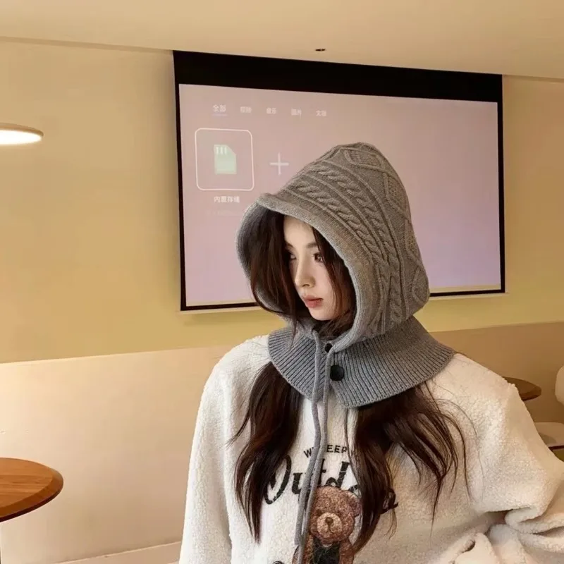 

New Fashion Knitted Imitation Cashmere Balaclava Hat Female Windproof Warm Drawstring Muffler Cap Winter Women Beanies Ladies
