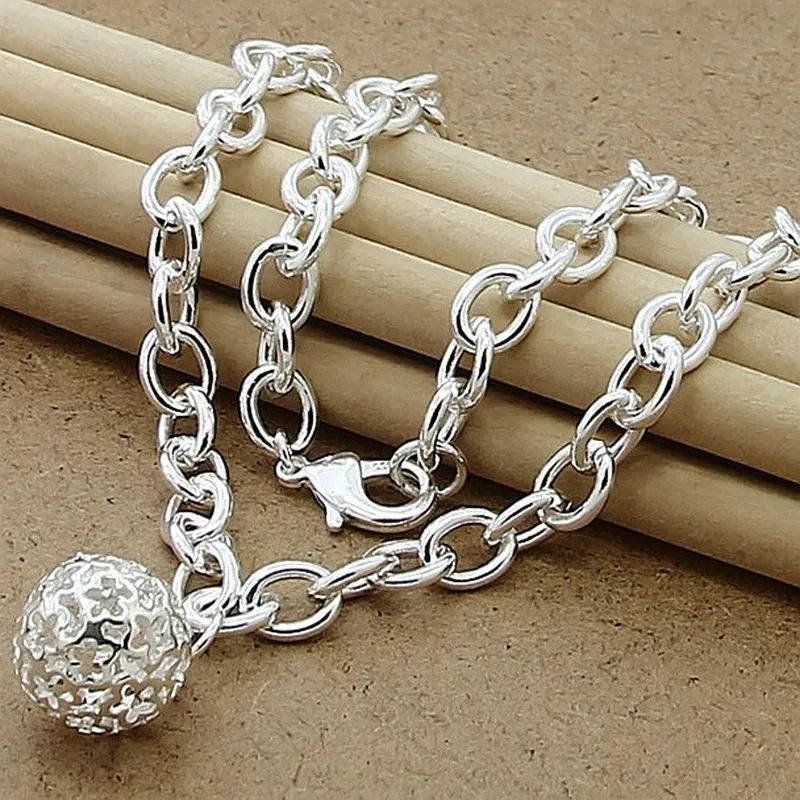 

925 Sterling Silver Hollow Ball Heart Pendant 18 Inch Chain Necklace For Women Wedding Engagement Fashion Jewelry