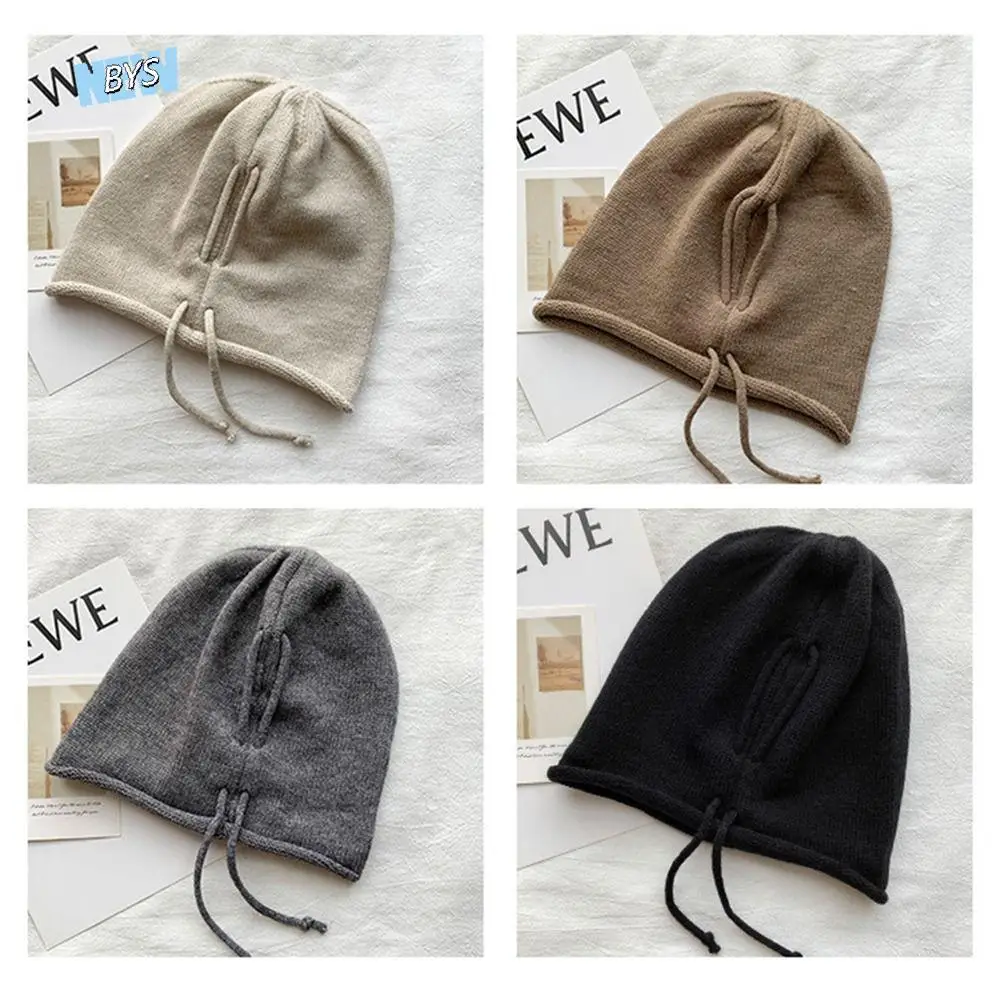 

Fashion Soft Knitted Baggy Beanie Hat Sweet Ear Protection Solid Color Pullover Hat Korean Style Y2k Drawstring Wool Cap Girls