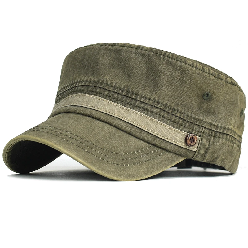 Gewassen Katoenen Pet Heren Casual Uniek Design Militaire Petten Vintage Platte Hoge Hoed Verstelbaar Vier Seizoenen