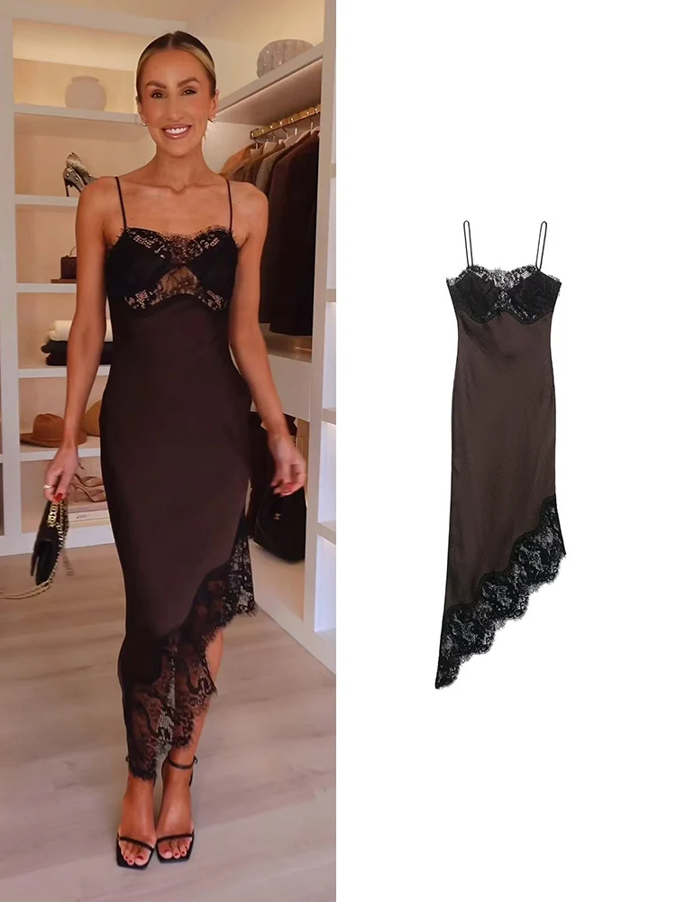 Frauen Spitze Patchwork Sling Kleid Lässig Einfarbig Ärmel Unregelmäßigen Saum High Street 2026 Sommer Weibliche Urlaub Robe Neue