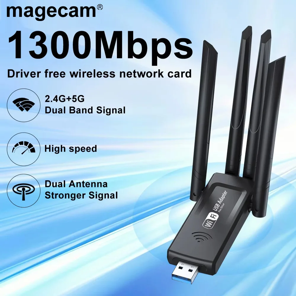 

Magecamera 1300M WIFI Adapter 5G Wi Fi Receiver Dual Band Wireless Network Card Wi-Fi Dongle 4 Antenna For PC/Laptop Win10/11