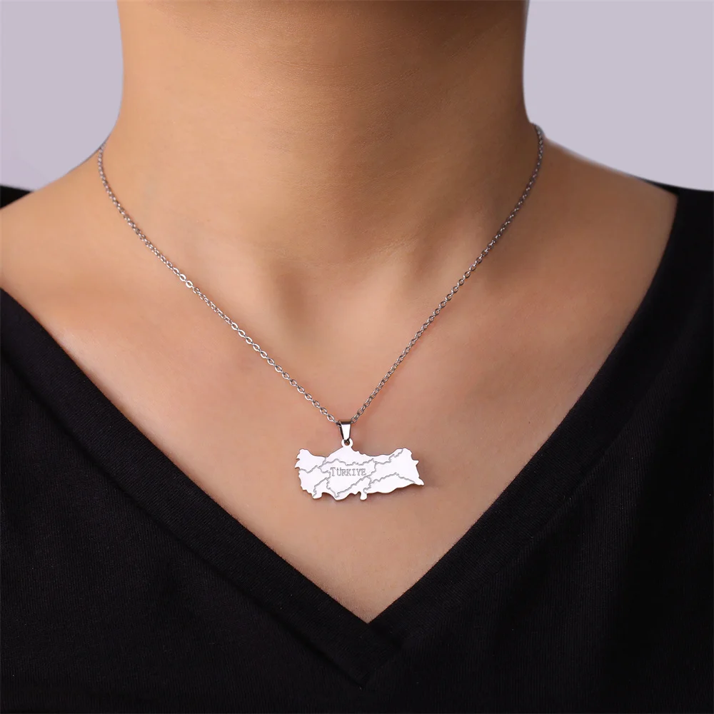 EUEAVAN Trendy Turkey Map Pendant Necklace Stainless Steel Country Ethnic Necklaces for Women Men Turkish Anniversary Jewelry