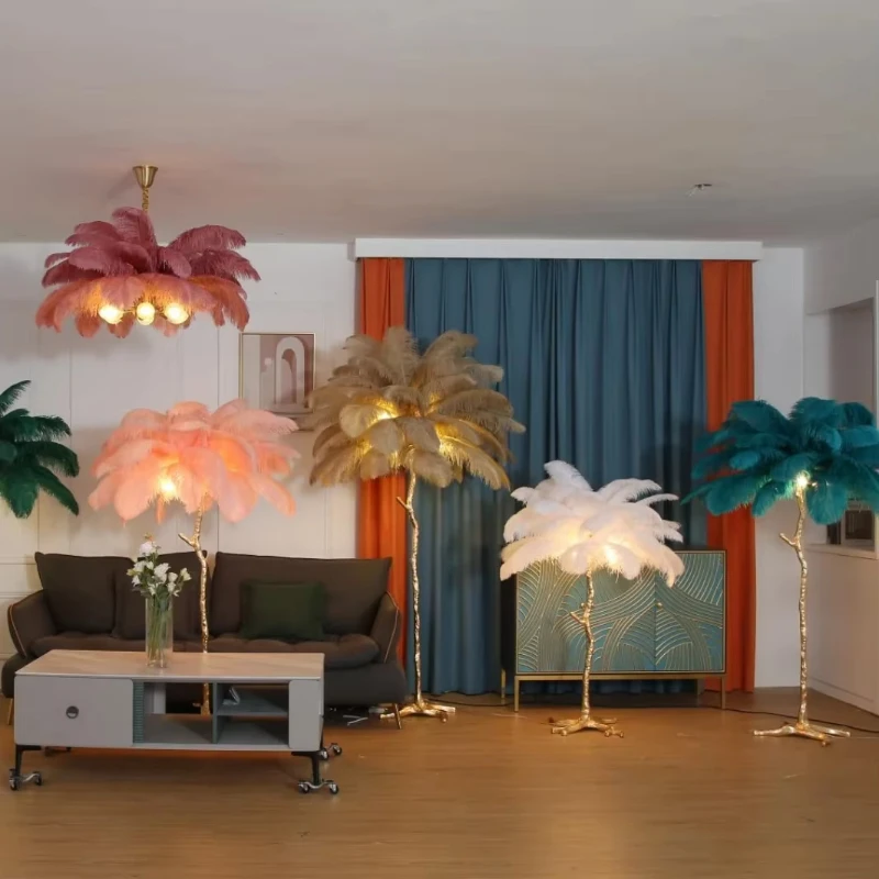 

Modern feather plush palm tree floor lamp high quality copper branch art romantic living room led lamp