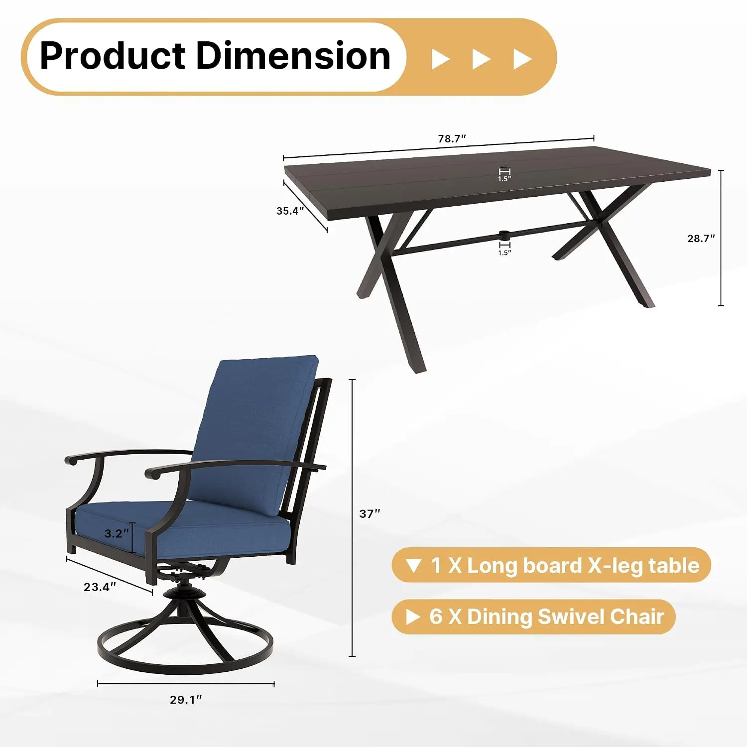 7-Piece Metal Patio Dining Set Swivel Chairs X-Legs Table Umbrella Hole Waterproof Cushions Backyard Deck Navy, Customized