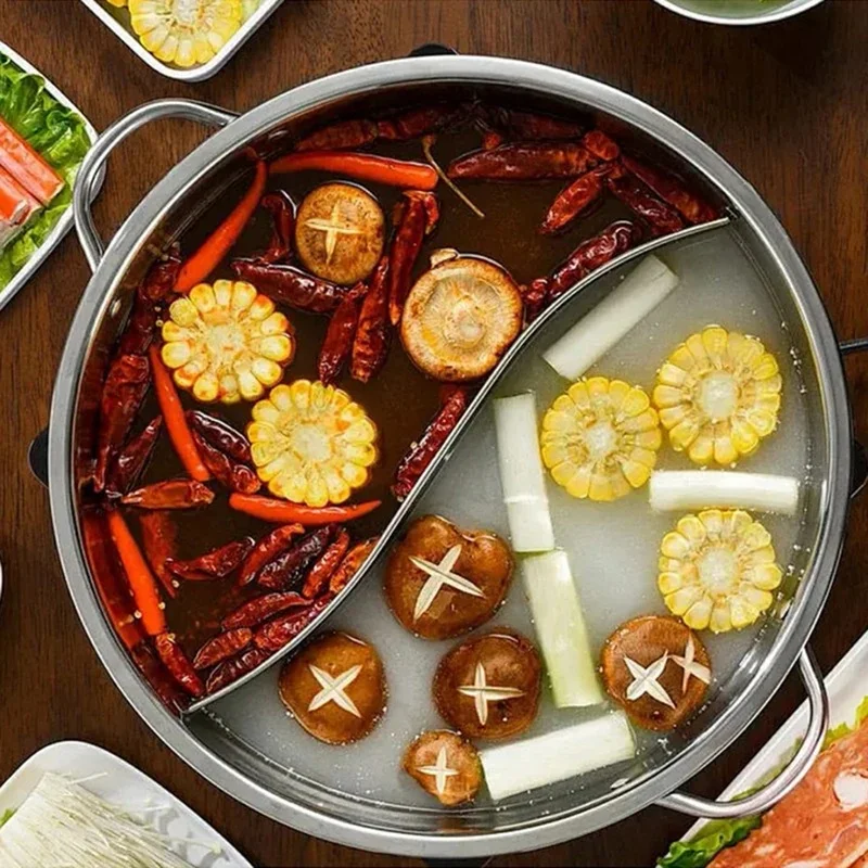 28cm Stainless Steel Divided Double Hot Pot Gas Stove Compatible Chinese Soup Cooking Pot Kitchen Cookware