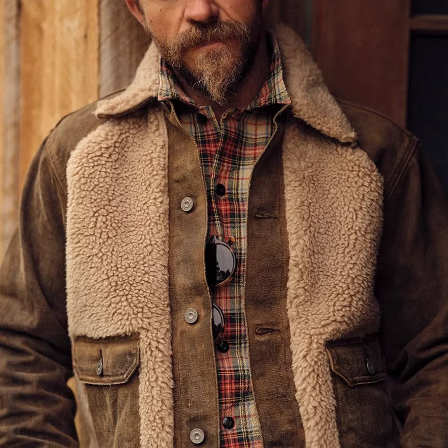 RL Denim Grizzly Jacket American retro mud-dyed denim brown bear jacket