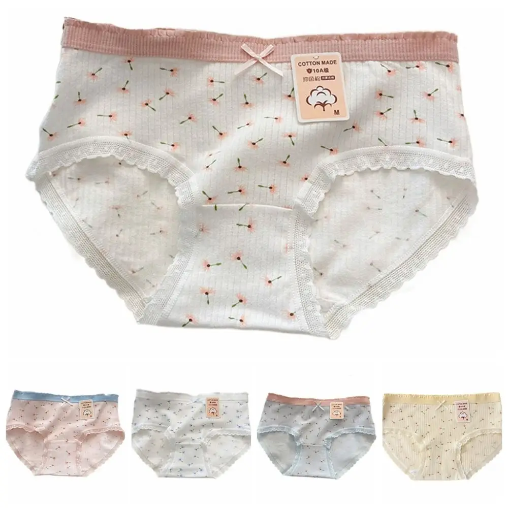 5Pcs Bowknot Lace Flower Panties Cotton Crotch Mid Waist Sweet Floral Briefs Underpants Lingerie Underwear for Women Lady