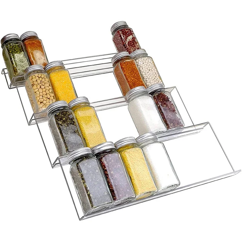 4-Tier Spice Rack Clear Acrylic Drawer Jar Organizer Adjustable Stackable Step Seasoning Bottle Storage Holders Kitchen