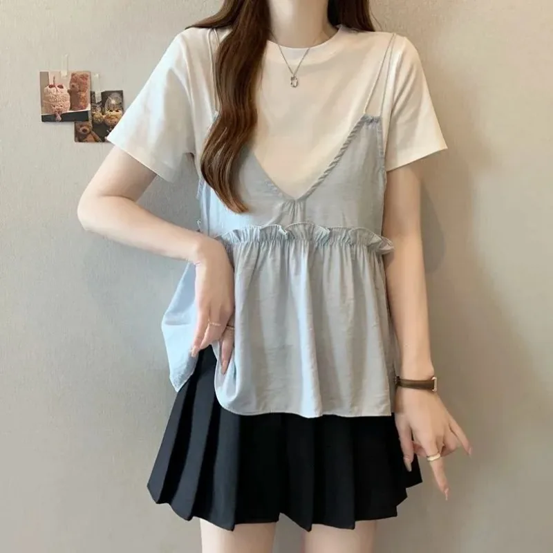 Women's T Shirt Set Ruffled Camisole Overlay Short Sleeve Casual Summer Top