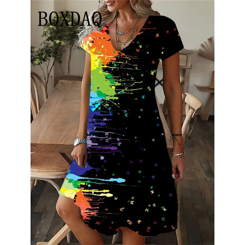 

Женское платье с принтом Tie Dye, новинка лета 2025, свободное платье трапециевидной формы с короткими рукавами, сексуальное мини-платье с v-образным вырезом и цветочным принтом, уличная одежда