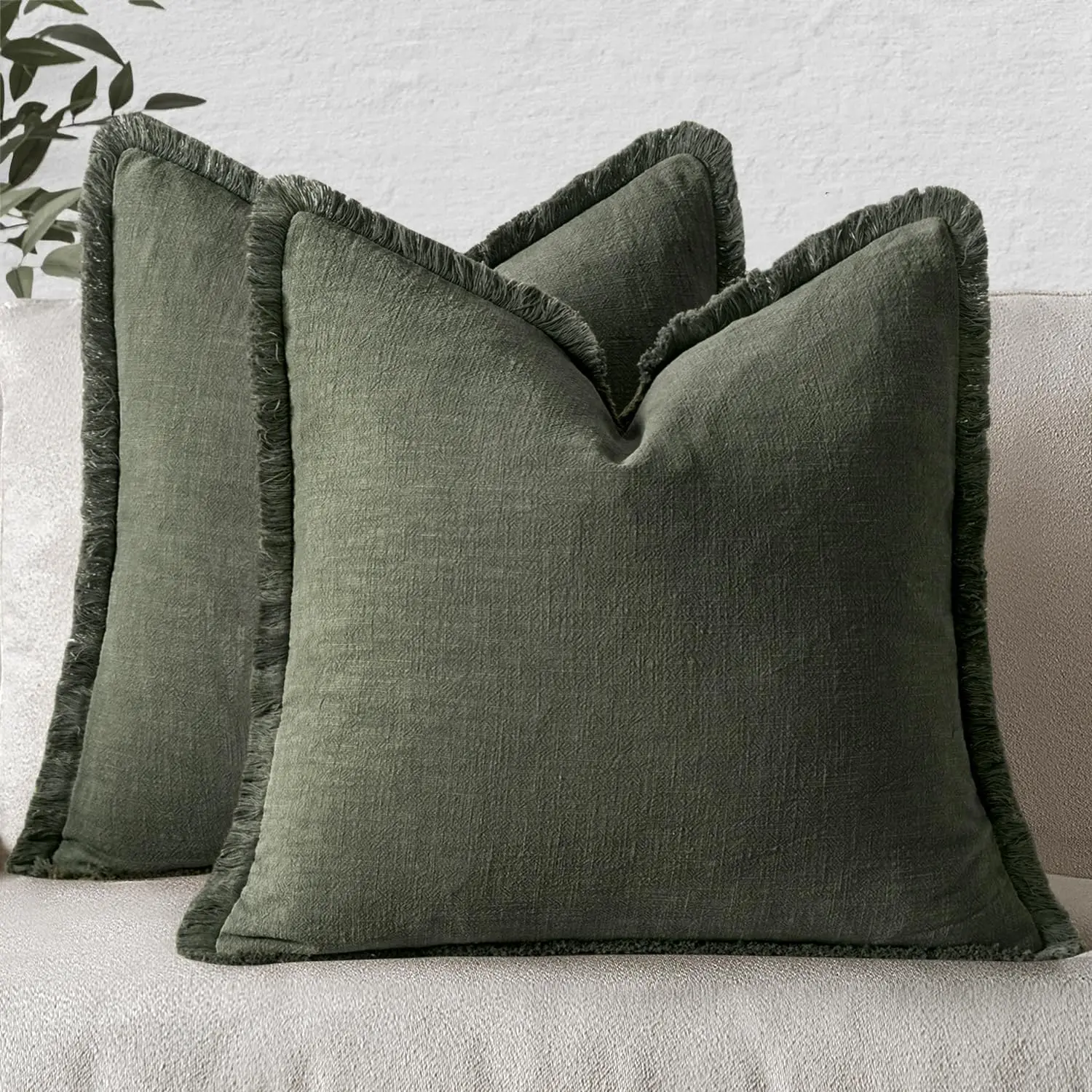 Olivgrüne Leinen-Kissenbezüge mit Fransen Boho Akzent-Kissenhülle mit Quasten für Couch Sofa Bett Wohnzimmer Heim-Dekoration