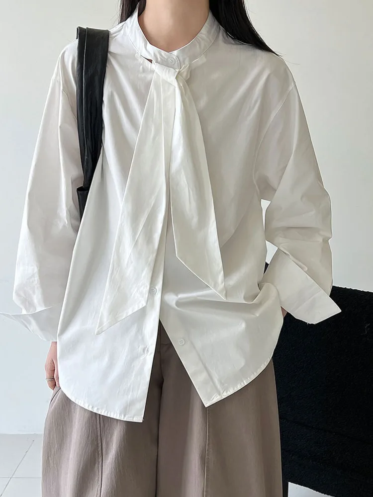 WHTREND Camicia in tinta unita con cravatta design stile coreano per donna 2025 Nuova camicia casual allentata elegante WH1726