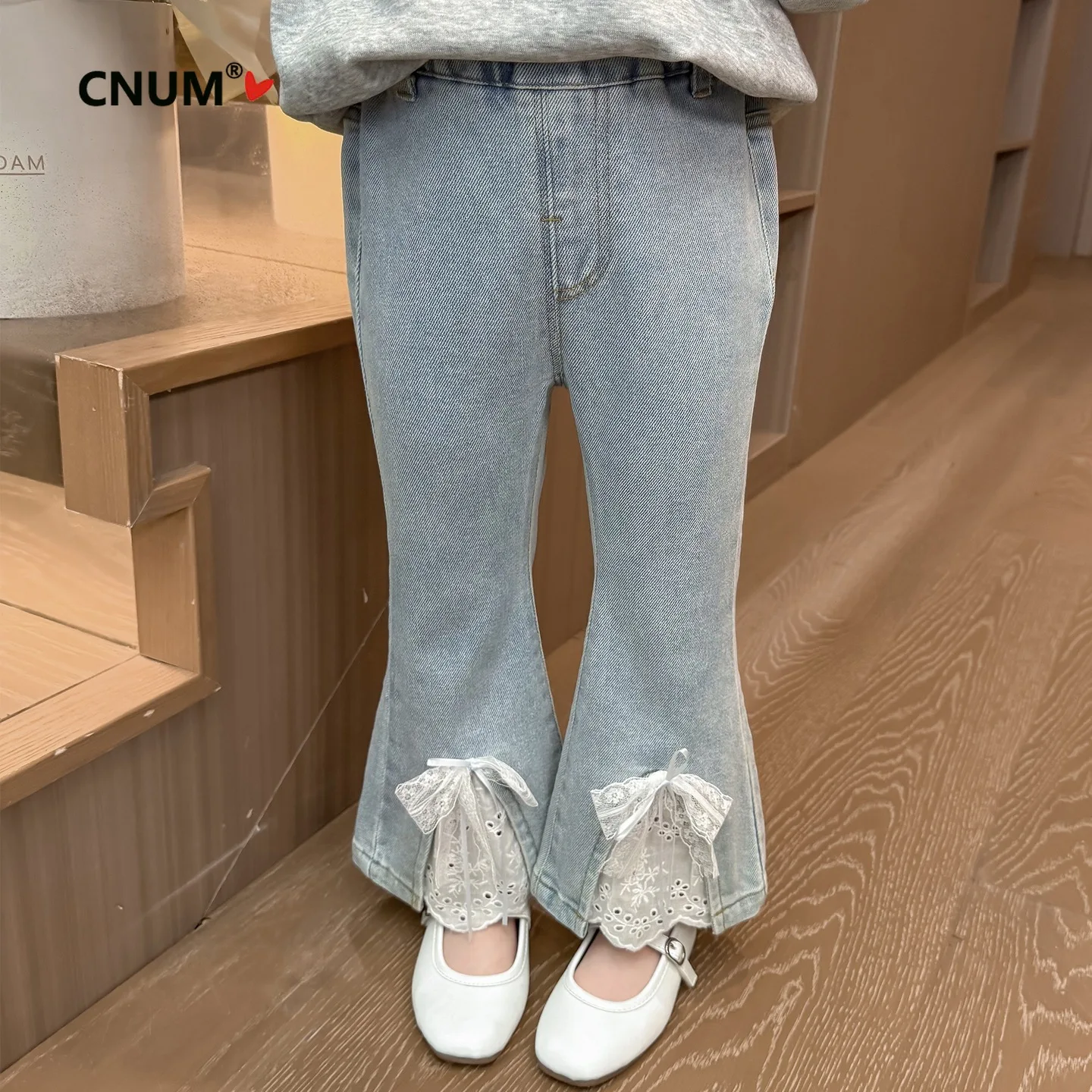 Girls' Jeans 2026 New Spring Fashion Lace Patchwork Slight Flare Pants