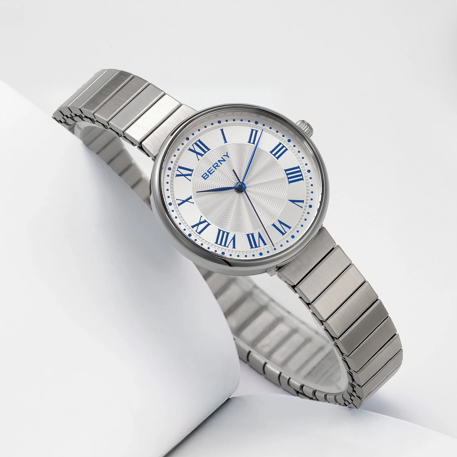 BERNY Quartz Watch for Women Stainless Steel Water Wave Texture Dial Waterproof Top Brand Exquisite Leisure Ladies Wristwatch