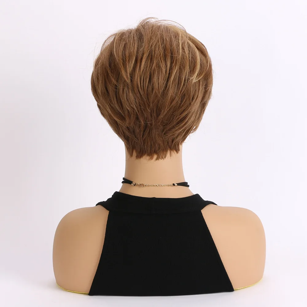SQRDGQ Highlight Synthetic Hair Wigs for Women Short Wig Straight Hair Pixie Cut Woman Wigs Honey Gold Mix Black Wig Female