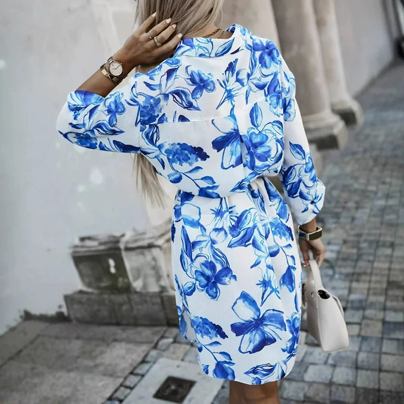 Minivestido informal de oficina con cintura con cordones y solapa para mujer, vestido elegante de manga larga con botones para fiesta, vestido camisero con estampado de temperamento