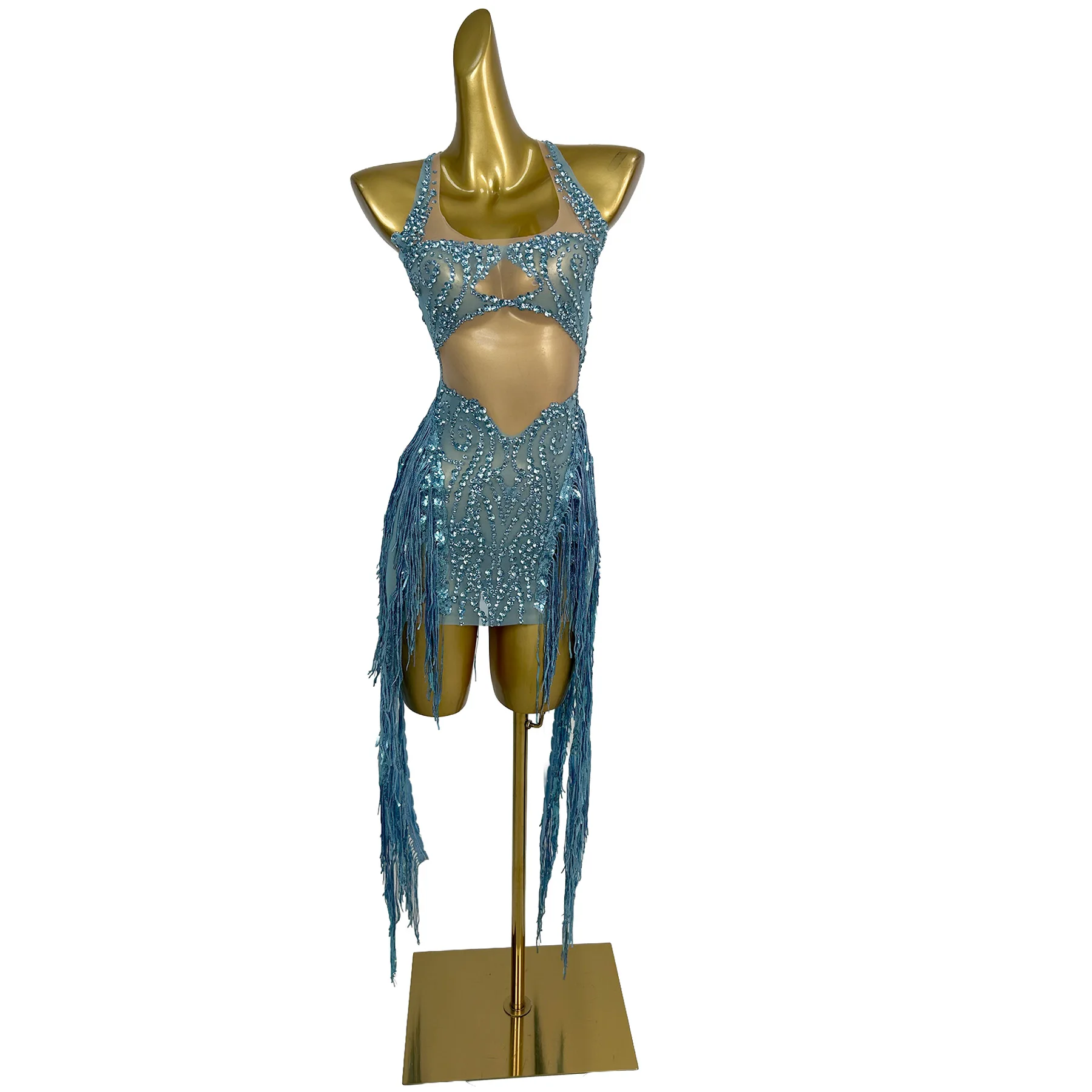 

Tianling Womens Sexy Blue Rhinestone Fringe Mini Dress Sheer Mesh Cutout Bodycon Party Club Stage Performance Outfit