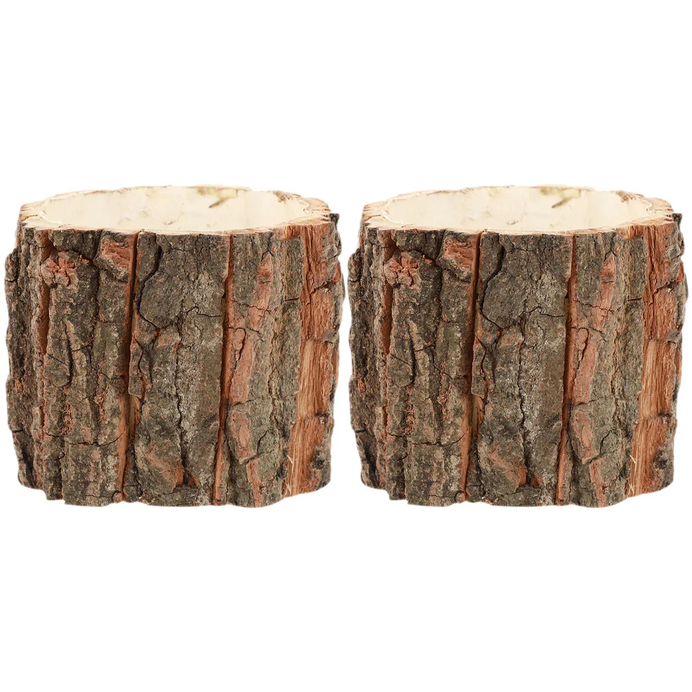 2 Pcs Bark Flower Bucket Pot Wood Stump Barrel Planter Buckets Wooden Tree Decor Small