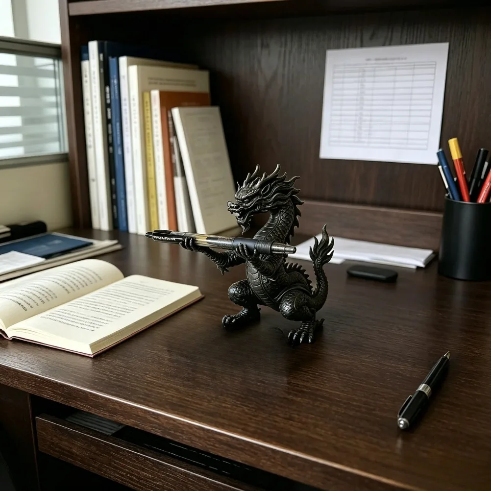 3D Printed Chinese Dragon Pen Holder Oriental Myth Dragon Sculpture Pen Stand, Vintage Desktop Decor Figurine Lucky Collectible