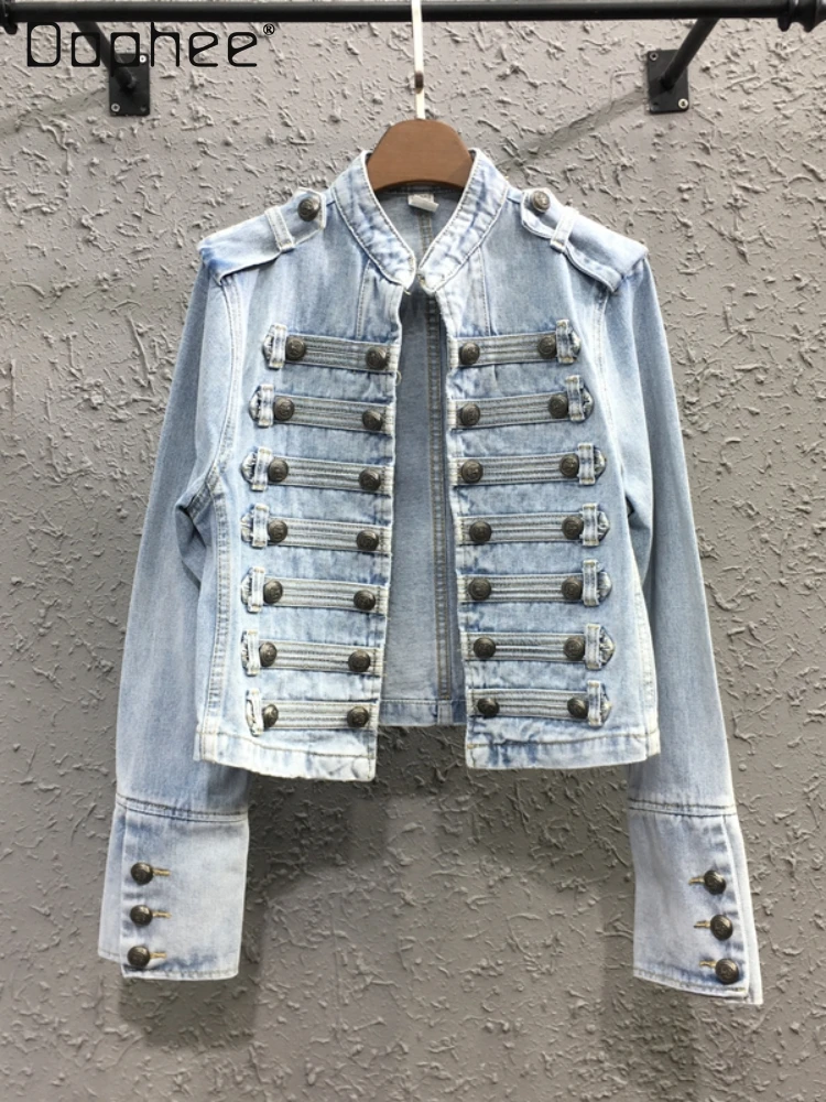 

Vintage Stand Collar Denim Jackets Women Double-breasted Short Jeans Coat Military Style Outerwear Streetwear Autumn Spring