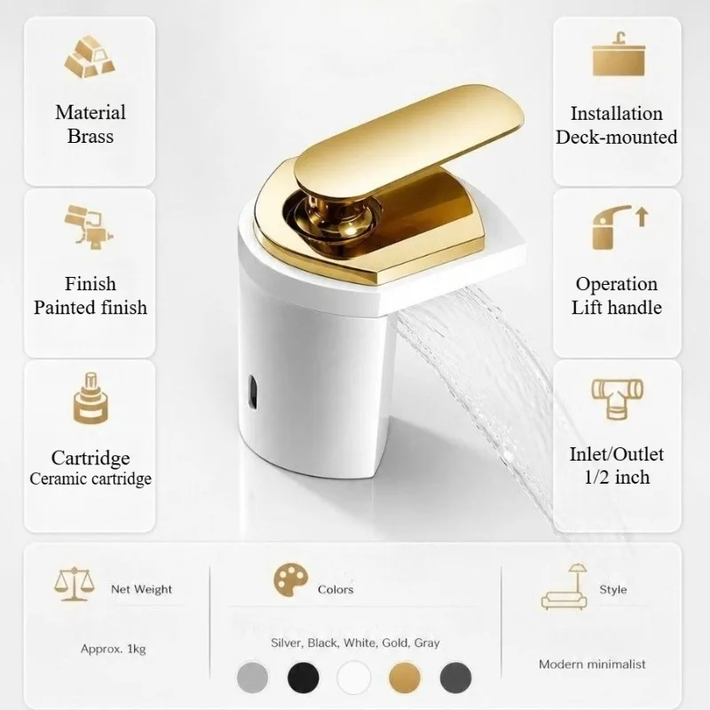 Brass Black Wide Mouthed Waterfall Style Washbasin Faucet for Hot and Cold Bathrooms Under Sink Basin Faucet with Countertop