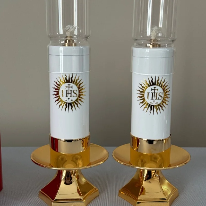Catholic Ghee Candle Holder With Glass Hurricane Brass With Gold Gilded Base An artistic design For Home Or Church Supplies