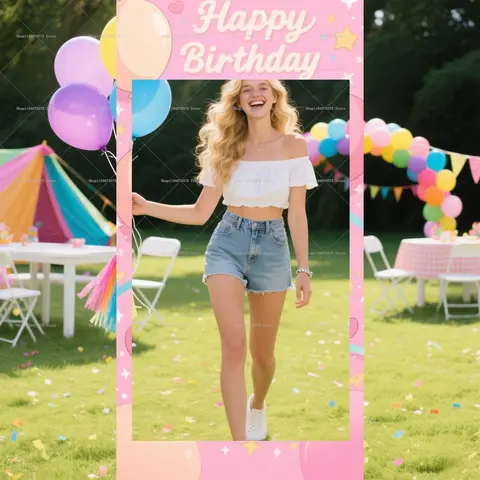 1Pc Pink Happy Birthday Photograph Frame Photo Booth Suitable For Theme Party Decoration Family Celebration Interactive Props
