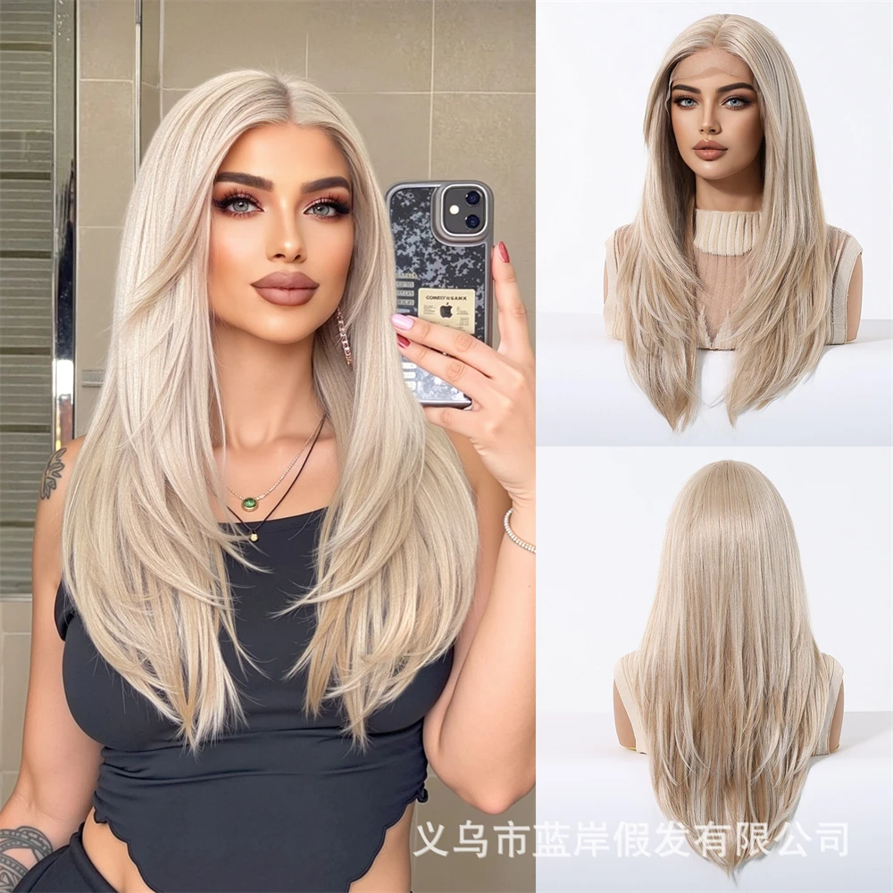 13 * 6 large lace wig, medium black brown long straight hair, fashionable full head hairstyle, white gold women's style