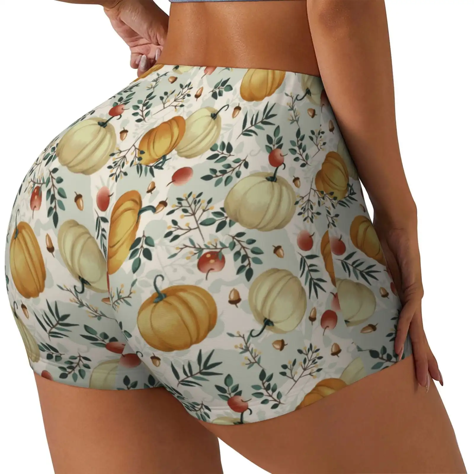 Autumn Pumpkins Leaves Print Workout Shorts for Women Seamless Soft Smooth Gym Yoga Scrunch Active Shorts