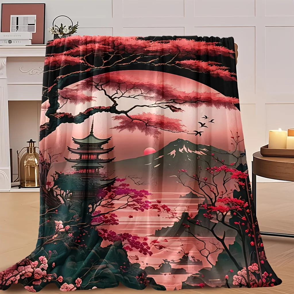 Japanese Pagoda Cherry Blossom Mountain Lake Scenery Print Flannel Blanket Soft Throw Sofa Bedroom Indoor Daily Home Warm Gift