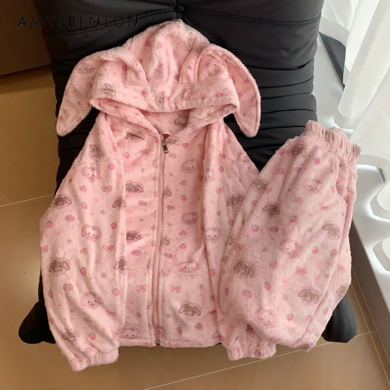 

Winter New Soft Flannel Hooded Bunny Ears Cartoon Print Long Sleeve Long Pants Loungewear Comfortable Versatile Pajamas Women