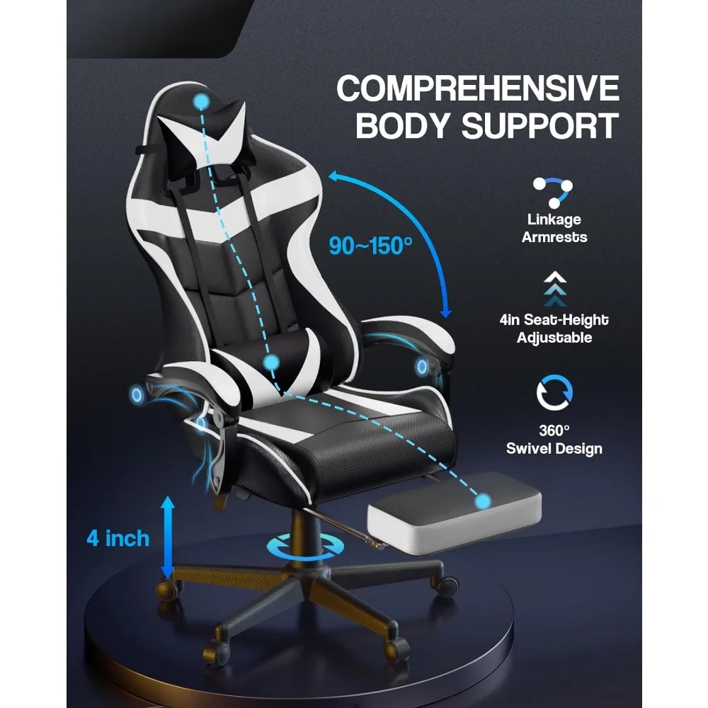 White Gaming Chairs with Footrest, Video Game Chairs fo Teens,Ergonomic Gamer Chair with Headrest，Recliner Chair(Polar White)