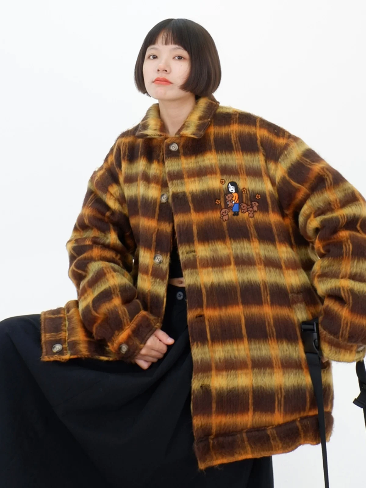 

Cartoon plaid woolen lapel cotton jacket for women 2023 winter new loose bf American style thickened COATS trend