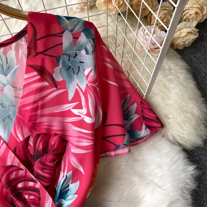 Vestido plissado floral série francesa decote em v, vestido de verão feminino, cintura cinching, temperamento fino chiffon resort vestidos