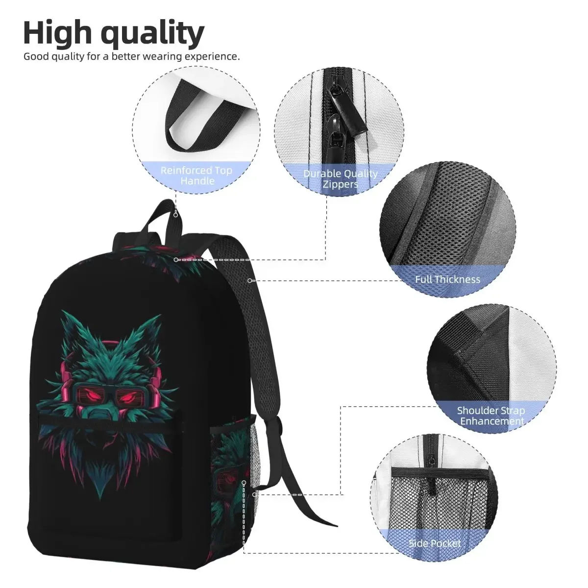 Neon Graffiti Wolf With Headphone Backpack Boys Girls BookBag Children School Bag Computer Shoulder Bags for Men Women